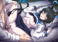 Rule 34 | 1boy, 1girl, animal ears, bar censor, black choker, black hair, black skirt, blue archive, blue halo, breasts, cat ears, cat girl, censored, choker, closed eyes, clothed sex, halo, hetero, kikyou (blue archive), lying, marugoshi (54burger), medium breasts, motion lines, multiple tails, nipples, on back, open mouth, penis, pussy, sex, short hair, skirt, spread legs, tail, vaginal
