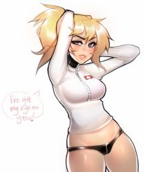 Rule 34 | 1girl, arms up, black panties, blonde hair, blue eyes, breasts, casual, cowboy shot, crotch zipper, english text, eyebrows, grin, groin, hensa, jacket, lips, lowleg, lowleg panties, medium breasts, mercy (overwatch), naughty face, no pants, overwatch, overwatch 1, panties, ponytail, simple background, smile, solo, sparkle, speech bubble, swiss flag, thighs, underwear, watermark, web address, white background, white jacket, zipper