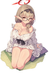 Rule 34 | 1girl, bare shoulders, blue archive, blush, breasts, brown hair, chinatsu (blue archive), cleavage, collarbone, from above, full body, glasses, halo, highres, japanese clothes, kneeling, large breasts, long ears, long hair, long sleeves, looking at viewer, off shoulder, parted lips, pointy ears, seiza, sgt-jz, simple background, sitting, sleeves past wrists, solo, tatami, white background, yellow eyes