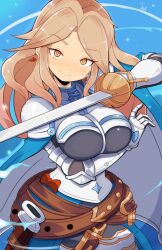 1girl armor blue_background blue_cape blush breasts bright_pupils brown_hair cape closed_mouth commentary english_commentary gauntlets granblue_fantasy highres holding holding_sword holding_weapon jellcaps katalina_(granblue_fantasy) large_breasts long_hair looking_at_viewer smile solo sword weapon white_pupils yellow_eyes