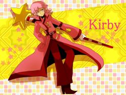 Rule 34 | 1boy, belt, belt buckle, blue eyes, boots, brown footwear, buckle, character name, closed mouth, coat, collared coat, commentary request, frown, full body, grid background, half-closed eyes, hand in pocket, high heel boots, high heels, holding, holding staff, humanization, kirby, kirby (series), long sleeves, male focus, medium hair, multicolored background, nintendo, pants, pink coat, pink hair, pointy footwear, red belt, red pants, red trim, shirushiki, sleeve garter, staff, star (symbol), star print, star rod, starry background, yellow background