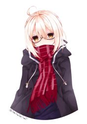 Rule 34 | 1girl, ahoge, artoria pendragon (all), artoria pendragon (fate), black-framed eyewear, blonde hair, brown eyes, coat, duffel coat, fate/grand order, fate (series), fringe trim, glasses, hair between eyes, looking at viewer, mysterious heroine x alter (fate), mysterious heroine x alter (first ascension) (fate), nanase nao, open clothes, open coat, plaid, plaid scarf, red scarf, saber (fate), scarf, semi-rimless eyewear, sidelocks, simple background, solo, twitter username, under-rim eyewear, upper body, white background