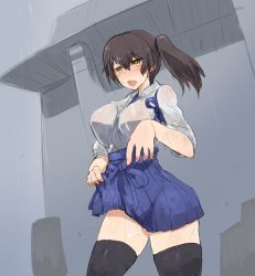 Rule 34 | blush, breasts, clothes lift, depo (typebaby505), japanese clothes, kaga (kancolle), kantai collection, large breasts, outdoors, rain, see-through, side ponytail, skirt, skirt lift, solo, thighhighs, wet, wet clothes, wet hair