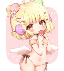 1girl ahoge angel_wings bikini blonde_hair breasts cleavage food groin hair_ornament hairclip highres low_wings lowleg lowleg_bikini macaron momozu_komamochi navel orange_bikini original short_hair small_breasts solo stomach swimsuit thighs underboob wings yellow_eyes