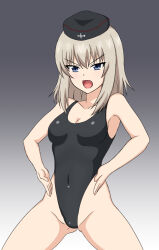 Rule 34 | 1girl, black hat, black one-piece swimsuit, blue eyes, breasts, cleavage, cleft of venus, commentary request, competition swimsuit, covered navel, cowboy shot, frown, garrison cap, girls und panzer, gradient background, grey background, hat, highleg, highleg swimsuit, highres, itsumi erika, kuronokanata, looking at viewer, medium breasts, medium hair, military hat, one-piece swimsuit, open mouth, partial commentary, solo, standing, swimsuit