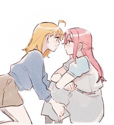Rule 34 | 2girls, blue shirt, blush, brown skirt, closed mouth, commentary request, crossed arms, eye contact, grey skirt, grey vest, hand on another&#039;s leg, korean commentary, long hair, long sleeves, looking at another, love live!, love live! sunshine!!, medium hair, multiple girls, orange hair, pito (sh02327), red hair, sakurauchi riko, shirt, short sleeves, simple background, skirt, smile, takami chika, vest, white background, yuri