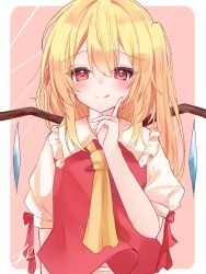 Rule 34 | 1girl, :q, blonde hair, blush, crystal, finger to cheek, flandre scarlet, hair between eyes, highres, korira, long hair, looking at viewer, no headwear, one side up, pink background, red eyes, simple background, solo, tongue, tongue out, touhou, upper body, wings