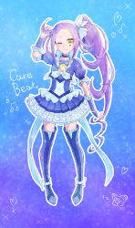 Rule 34 | 1girl, ;), arm up, blue background, blue choker, blue footwear, blue jacket, blue skirt, boots, character name, choker, collarbone, cure beat, full body, gradient background, hair intakes, hair ornament, heart, heart hair ornament, highres, jacket, layered skirt, long hair, looking at viewer, miniskirt, one eye closed, outline, precure, purple background, purple hair, short sleeves, side ponytail, skirt, smile, solo, standing, suite precure, thigh boots, thighhighs, usiusi nanas, very long hair, yellow eyes, zettai ryouiki