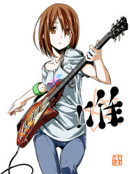 Rule 34 | 1girl, breasts, brown eyes, brown hair, cable, casual, collarbone, cropped legs, denim, guitar, himura kiseki, hirasawa yui, holding, instrument, jeans, k-on!, listen!!, looking at viewer, pants, plectrum, shirt, short hair, short sleeves, simple background, solo, thigh gap, white background