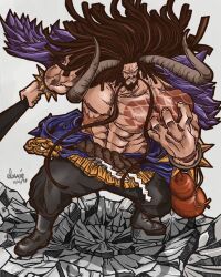 Rule 34 | 1boy, abs, alasyiq, arm tattoo, artist name, beard, black eyes, bracelet, clenched teeth, club, club (weapon), commentary, curled horns, dated, english commentary, facial hair, full body, highres, holding, holding weapon, horns, jewelry, kaidou (one piece), kanabou, long hair, male focus, muscular, muscular male, mustache, one piece, oni, scar, scar on chest, solo, spiked bracelet, spikes, tattoo, teeth, topless male, weapon