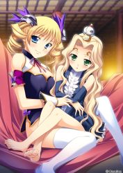 Rule 34 | 2girls, absurdres, barefoot, blonde hair, blue eyes, blush, breasts, cleavage, company name, curly hair, detached sleeves, dress, feet, green eyes, hair intakes, hair ornament, highres, huge filesize, kantaka, koihime musou, legs, long hair, looking at viewer, multiple girls, no pants, official art, ribbon, sitting, sitting on lap, sitting on person, smile, sousou (koihime musou), teiiku, thighhighs, toes, twintails, very long hair