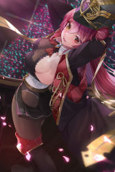 Rule 34 | 1girl, armpits, arms behind head, ascot, belt, black jacket, blush, bodystocking, boots, breasts, brooch, cleavage, detached collar, hair bun, hat, heterochromia, hololive, houshou marine, houshou marine (marching band), jacket, jewelry, knee boots, large breasts, long hair, looking at viewer, mujinbensin, multicolored hair, open mouth, red ascot, red eyes, red hair, see-through, see-through cleavage, shako cap, sideboob, single hair bun, smile, solo, two-tone hair, virtual youtuber, white hair, yellow eyes