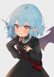 Rule 34 | 1girl, alternate costume, artist name, bad id, bad twitter id, bag, bat wings, black bow, black ribbon, blue hair, blush, bow, collared dress, dress, fang, frilled shirt collar, frilled sleeves, frills, gotou (nekocat), hand on own hip, hand on own chest, hand up, handbag, highres, long sleeves, looking at viewer, nail polish, no headwear, pointy ears, red eyes, red nails, remilia scarlet, ribbon, short hair, signature, simple background, solo, touhou, white background, wings