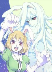 Rule 34 | 0aoiurn0, 1girl, alternate form, animal ears, blonde hair, carrot (one piece), claws, commentary request, dress, green dress, long hair, looking at viewer, moon, night, night sky, one piece, puffy short sleeves, puffy sleeves, rabbit ears, rabbit girl, red eyes, short hair, short sleeves, sky, smile, sulong form, upper body, very long hair, white hair