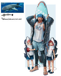 Rule 34 | 1girl, 2boys, :d, absurdres, animal costume, arms up, bara, black male swimwear, blue hair, blue male swimwear, blue swim trunks, blush, brown hair, child, commentary request, drawstring, full body, grey male swimwear, highres, holding, holding surfboard, hood, hood down, jacket, jewelry, legskin, male swimwear, multicolored male swimwear, multicolored swim trunks, multiple boys, muscular, muscular male, necklace, open clothes, open jacket, open mouth, original, pectorals, personification, photo inset, pink hair, print male swimwear, reference inset, remora, rinotuna, sand, sandals, see-through, shark costume, shirt, short hair, sidepec, smile, surfboard, swim trunks, swimsuit, swimsuit under swimsuit, tank top, unzipped, wet, wet clothes, wet shirt, white tank top, zipper