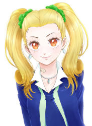 Rule 34 | 1girl, ayase yuka, blonde hair, brown eyes, closed mouth, earrings, freckles, hair ornament, jewelry, long hair, looking at viewer, necktie, persona, persona 1, school uniform, scrunchie, simple background, smaru, smile, solo, st. hermelin school uniform, twintails, white background