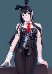 Rule 34 | 1girl, absurdres, alternate costume, bad id, bad twitter id, black hair, black leotard, black pantyhose, blue background, breasts, closed mouth, detached collar, glasses, green eyes, highres, kantai collection, leotard, lips, long hair, necktie, ojipon, ooyodo (kancolle), pantyhose, playboy bunny, red necktie, simple background, small breasts, solo, very long hair, wrist cuffs