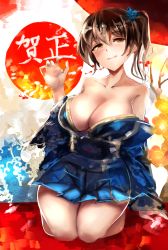 Rule 34 | 10s, 1girl, alternate costume, bad id, bad pixiv id, bare shoulders, breasts, brown eyes, brown hair, cleavage, collarbone, flower, hair flower, hair ornament, happy new year, highres, japanese clothes, kaga (kancolle), kantai collection, kimono, large breasts, moruchi (rinaka moruchi), new year, obi, off shoulder, sash, seiza, side ponytail, sitting, smile, solo