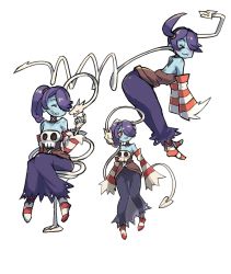 Rule 34 | 1girl, absurdres, blue hair, blue skin, colored skin, detached collar, detached sleeves, dress, hair over one eye, highres, hip attack, leviathan (skullgirls), numecolon, side ponytail, skullgirls, solo, squigly (skullgirls), striped legwear, white background, zombie