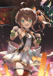 Rule 34 | 1girl, absurdres, ahoge, armband, banner, bow, bowtie, breasts, brown hair, cat hair ornament, clenched hand, commentary request, concert, cowboy shot, dancing, elbow gloves, fire, frilled garter, from below, gloves, green eyes, hair ornament, highres, holding, holding microphone, hololive, huge bow, idol, light stick, looking at viewer, microphone, natsuiro matsuri, navel, nonstop story, official alternate costume, open mouth, orange bow, orange bowtie, orange thighhighs, ringlets, sanada keisui, shirt, side ponytail, single thighhigh, sleeveless, sleeveless shirt, small breasts, solo, stadium, thighhighs, triangle chain, virtual youtuber, white bow, white garter, white gloves