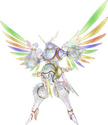 Rule 34 | absurdres, angel wings, armor, creature, duel monster, full armor, gloves, head wings, herald of ultimateness, highres, konami, mecha, multicolored hair, multiple arms, official art, robot, shoulder pads, solo, spikes, wings, yu-gi-oh!