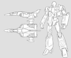 Rule 34 | alternate form, core fighter, grey background, greyscale, gundam, looking down, macross, mecha, mobile suit gundam, monochrome, niiyan, no humans, parody, redesign, robot, rx-78-2, sketch, standing, style parody, variable fighter