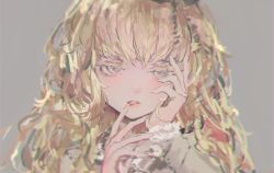 Rule 34 | 1girl, blonde hair, blurry, blurry background, close-up, curly hair, depth of field, finger to mouth, grey background, grey eyes, hand on own cheek, hand on own face, highres, juliet persia, kishuku gakkou no juliet, long hair, long sleeves, looking at viewer, parted lips, portrait, rsef, simple background, solo