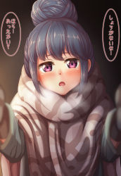 Rule 34 | 1girl, blue hair, blurry, blush, breath, can (canzume), commentary request, depth of field, hair bun, head tilt, highres, long sleeves, looking at viewer, open mouth, pink eyes, shawl, shima rin, single hair bun, solo, translated, yurucamp