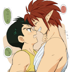Rule 34 | 2boys, black hair, blush, brown eyes, closed eyes, hand on another&#039;s neck, height difference, horns, jin kaze tsukai, male focus, multiple boys, open mouth, petagon, pointy ears, red hair, short hair, simple background, single horn, teeth, translation request, upper body, urameshi yuusuke, yaoi, yuu yuu hakusho