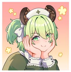 1girl alternate_hair_color animal_ears ginotty green_eyes grey_hair hands_on_own_cheeks hands_on_own_face hat head_rest highres indie_virtual_youtuber long_sleeves medium_hair mole mole_under_eye nimi_nightmare nurse_cap one_side_up smile tapir_ears tapir_girl virtual_youtuber