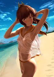 Rule 34 | 10s, 1girl, armpits, arms behind head, arms up, beach, blue sky, blush, bottomless, breasts, closed mouth, cloud, collarbone, covered erect nipples, cowboy shot, dark-skinned female, dark skin, day, footprints, hair ornament, horizon, i-401 (kancolle), kantai collection, long hair, looking at viewer, nipples, no bra, no panties, ocean, outdoors, ponytail, public indecency, sand, see-through, shirt, shore, sky, sleeveless, small breasts, smile, solo, standing, sunlight, sweatdrop, tan, tanline, wa (genryusui), water, wet, wet clothes, wet shirt, white shirt