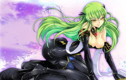 Rule 34 | 00s, 1girl, arm warmers, bad anatomy, bad id, bad pixiv id, blush, bodysuit, breasts, c.c., cleavage, code geass, detached sleeves, green hair, high heels, large breasts, long hair, naughty face, nipples, poorly drawn, shoes, solo, subuta, wet, yellow eyes
