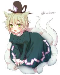 Rule 34 | 1girl, :o, animal ears, bad id, bad twitter id, blush, breasts, cat ears, dress, fang, ghost tail, green dress, green eyes, green hair, hat, honotai, juliet sleeves, kemonomimi mode, long sleeves, looking at viewer, medium breasts, ofuda, ofuda on clothes, one-hour drawing challenge, open mouth, puffy sleeves, soga no tojiko, solo, tate eboshi, touhou, twitter username, v arms