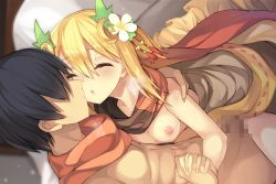 Rule 34 | 1boy, 1girl, black hair, blonde hair, blush, breasts, breath, censored, clothed sex, crescent, crescent hair ornament, dreamlight2000, closed eyes, flower, flower knight girl, game cg, hair flower, hair ornament, holding hands, hetero, imminent kiss, interlocked fingers, katabami (flower knight girl), mosaic censoring, nipples, official art, scarf, sex, short hair, small breasts