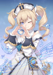 Rule 34 | 1girl, absurdres, arms up, barbara (genshin impact), blonde hair, blue background, blue eyes, breasts, bubble, cowboy shot, detached sleeves, dress, drill hair, eyes visible through hair, finger heart, genshin impact, hair between eyes, hair ornament, hat, highres, long hair, long sleeves, looking at viewer, musical note, one eye closed, rainbow gradient, simple background, small breasts, smile, solo, staff (music), twin drills, twintails, white dress, white hat, yuki7128