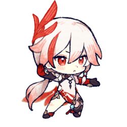 Rule 34 | 1girl, :o, bad source, breasts, chibi, chinese clothes, fighting stance, fu hua, fu hua (phoenix), gloves, honkai (series), honkai impact 3rd, long hair, long sleeves, low ponytail, multicolored hair, official art, open mouth, red eyes, red gloves, small breasts, solo, streaked hair, v-shaped eyebrows, white hair
