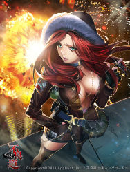 Rule 34 | 1girl, backlighting, belt, belt pouch, belt skirt, breasts, building, chain, cityscape, cleavage, collar, company name, copyright name, dated, explosion, explosive, fingerless gloves, fingernails, full body, fur trim, furyou michi ~gang road~, glint, gloves, green eyes, grenade, hand in pocket, hood, index finger raised, jacket, jewelry, large breasts, leather, leather jacket, lens flare, lights, lipstick, logo, long fingernails, long hair, long sleeves, looking at viewer, makeup, nail polish, necklace, night, no bra, official art, olivia harris, original, outdoors, pouch, red hair, rooftop, scar, scar across eye, scar on face, skyscraper, solo, standing, tan, tanline, thighhighs, ukero, unzipped, zettai ryouiki, zipper