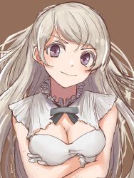 Rule 34 | 1girl, breasts, brown background, cleavage, cleavage cutout, clothing cutout, commentary request, conte di cavour (kancolle), conte di cavour nuovo (kancolle), crossed arms, dress, frilled dress, frills, gloves, grey eyes, highres, kantai collection, large breasts, long hair, one-hour drawing challenge, silver hair, simple background, smile, solo, two side up, umibudou, upper body, white dress, white gloves
