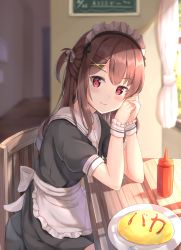 Rule 34 | 1girl, apron, black dress, blurry, blurry background, blush, bow, brown hair, chair, closed mouth, commentary request, curtains, depth of field, dress, food, food writing, frilled apron, frills, hair bow, hair ornament, hairclip, hands up, indoors, keiran (ryo170), ketchup bottle, long hair, looking at viewer, maid, maid headdress, omelet, omurice, one side up, original, plate, puffy short sleeves, puffy sleeves, red eyes, revision, sailor collar, short sleeves, sitting, smile, solo, table, waist apron, white apron, white bow, white sailor collar, wooden floor, wrist cuffs, x hair ornament
