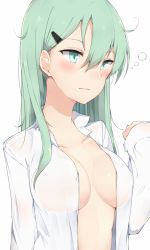 Rule 34 | 10s, 1girl, breasts, cole (coleltu), collarbone, commentary request, eyebrows, green eyes, green hair, hair between eyes, hair ornament, hairclip, kantai collection, large breasts, long hair, long sleeves, messy hair, open clothes, open shirt, see-through, shirt, simple background, skirt, sleeves past wrists, solo, suzuya (kancolle), white background, white shirt