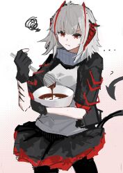 Rule 34 | ..., 1girl, ?, arknights, black gloves, black jacket, black pantyhose, black skirt, bowl, breasts, chocolate, closed mouth, commentary request, eyebrows hidden by hair, fingerless gloves, gloves, grey hair, highres, holding, holding bowl, jacket, medium breasts, mixing bowl, open clothes, open jacket, pantyhose, pleated skirt, puffy short sleeves, puffy sleeves, red eyes, shirt, short sleeves, sketch, skirt, solo, squiggle, standing, sun showdmp, v-shaped eyebrows, w (arknights), whisk, white background, white shirt
