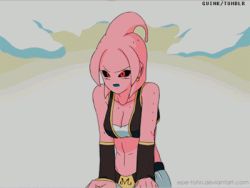 Rule 34 | 1girl, animated, animated gif, black sclera, breasts, candy, cleavage, colored sclera, colored skin, dragon ball, dragon ball online, dragon ball xenoverse, dragonball z, earrings, epe-tohri, female majin, food, jewelry, lamp (epe-tohri), lowres, majin (race), monster girl, pink skin, red eyes, thighhighs
