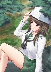 Rule 34 | 1girl, absurdres, adjusting clothes, adjusting headwear, alternate costume, black neckerchief, blouse, blue headwear, blurry, blurry background, blurry foreground, brown eyes, brown hair, closed mouth, commentary, crossed legs, day, depth of field, girls und panzer, green skirt, highres, long hair, long sleeves, looking at viewer, mika (girls und panzer), miniskirt, neckerchief, on vehicle, ooarai school uniform, outdoors, pleated skirt, prefecture54, sailor collar, school uniform, serafuku, shirt, sitting, skirt, smile, solo, tulip hat, white sailor collar, white shirt