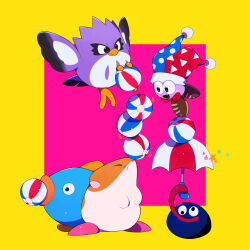 Rule 34 | balancing on nose, ball, beachball, beak, brown footwear, colored skin, coo (kirby), fangs, fish, gooey (kirby), hamster, hat, highres, jester cap, kanianoreki, kine (kirby), kirby: star allies, kirby (series), marx (kirby), nintendo, no humans, pom pom (clothes), purple skin, rick (kirby), star (symbol), tongue, tongue out, umbrella, wall-eyed, wings