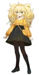Rule 34 | 1girl, aged down, ahoge, alternate costume, bag, black footwear, blonde hair, blush stickers, closed mouth, commentary request, fang, fang out, full body, girls&#039; frontline, green eyes, hair between eyes, hairband, korean commentary, long hair, long sleeves, looking at viewer, mary janes, messy hair, nin (lion), pantyhose, s.a.t.8 (girls&#039; frontline), shirt, shoes, shoulder bag, simple background, skirt, smile, solo, standing, third-party source, twintails, white background, yellow bag, yellow shirt
