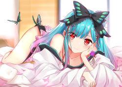 Rule 34 | 1girl, absurdres, alternate hair length, alternate hairstyle, blurry, blurry background, bow, bug, butterfly, closed mouth, collarbone, green hair, hair bow, hair bun, hand on own cheek, hand on own face, highres, hololive, insect, japanese clothes, kimono, long hair, looking at viewer, lying, on stomach, red eyes, single hair bun, single side bun, solo, to naive, uruha rushia, uruha rushia (new year), virtual youtuber, window