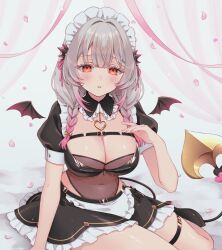 1girl alternate_costume apron arm_support bed black_skirt blunt_bangs blush braid breasts chest_harness cleavage clothing_cutout collar covered_navel demon_girl demon_tail demon_wings detached_collar enmaided falling_petals frilled_apron frilled_collar frills gradient_hair grey_hair hair_over_shoulder hair_ribbon hand_on_own_chest harness heart_pendant highres indie_virtual_youtuber large_breasts layered_skirt leotard leotard_under_clothes low_twin_braids maid maid_apron maid_headdress multicolored_hair orange_eyes parted_lips partially_unzipped petals pink_hair puffy_short_sleeves puffy_sleeves ribbon see-through_clothes see-through_leotard shoes short_sleeves sitting skirt solo suou_patra tail thigh_strap tt_chicca twin_braids virtual_youtuber waist_apron white_apron white_headdress wings yokozuwari