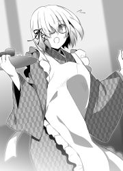 Rule 34 | 1girl, :o, absurdres, alternate costume, apron, blush, cowboy shot, cup, fate/grand order, fate (series), flying sweatdrops, frilled apron, frills, glasses, greyscale, hair over one eye, hair ribbon, hands up, highres, holding, holding tray, japanese clothes, kimono, looking to the side, maid, mash kyrielight, monochrome, nina (pastime), open mouth, ribbon, semi-rimless eyewear, short hair, solo, teacup, tray, under-rim eyewear, wa maid, yagasuri, yamoge (kakuzatou)