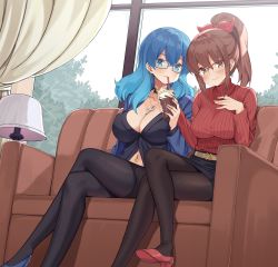Rule 34 | 2girls, absurdres, belt, black choker, black legwear, black shirt, black skirt, blue-framed eyewear, blue eyes, blue footwear, blue hair, blue jacket, blush, breasts, brown belt, brown eyes, brown hair, choker, cleavage, closed mouth, collarbone, collared shirt, commission, commissioner upload, couch, crescent, cross, cross necklace, crossed legs, cup, curtains, day, drinking, drinking straw, drinking straw in mouth, earrings, freckles, glasses, hair between eyes, hair ribbon, hand on own chest, heart, heart choker, high heels, highres, holding, holding cup, indoors, jacket, jewelry, kaosu kun, lamp, large breasts, long hair, long sleeves, looking at viewer, messy hair, multicolored hair, multiple girls, navel, navel piercing, necklace, office lady, original, over-rim eyewear, pantyhose, pencil skirt, piercing, ponytail, rectangular eyewear, red-framed eyewear, red footwear, red ribbon, red sweater, ribbed sweater, ribbon, semi-rimless eyewear, shirt, sidelocks, sitting, skirt, smile, suit jacket, sweater, tree, turtleneck, turtleneck sweater, two-tone hair, unbuttoned, unbuttoned shirt, wavy hair, window