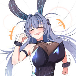 Rule 34 | +++, 1girl, ^ ^, ahoge, akaoni (zumt3548), animal ears, arm strap, azur lane, bare shoulders, black leotard, blue hair, blush, bodystocking, breasts, cleavage, clenched hands, closed eyes, commentary request, covered collarbone, emphasis lines, fake animal ears, hair between eyes, hair intakes, headgear, highres, huge breasts, large breasts, leotard, long hair, new jersey (azur lane), new jersey (exhilarating steps!) (azur lane), official alternate costume, open mouth, oversized breast cup, playboy bunny, rabbit ears, see-through, see-through cleavage, sidelocks, simple background, smile, solo, strapless, strapless leotard, upper body, very long hair, white background